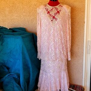 LILLIE RUBIN Flapper Inspired Beaded Sequins Pink Mother of The Bride Gown sz L